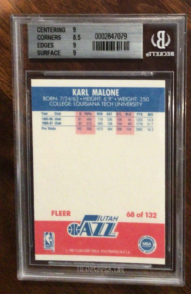 1987 FLEER BASKETBALL #68 KARL MALONE BGS 9 MINT OLD SCHOOL LABEL SUBS ON BACK - Image 2 of 2