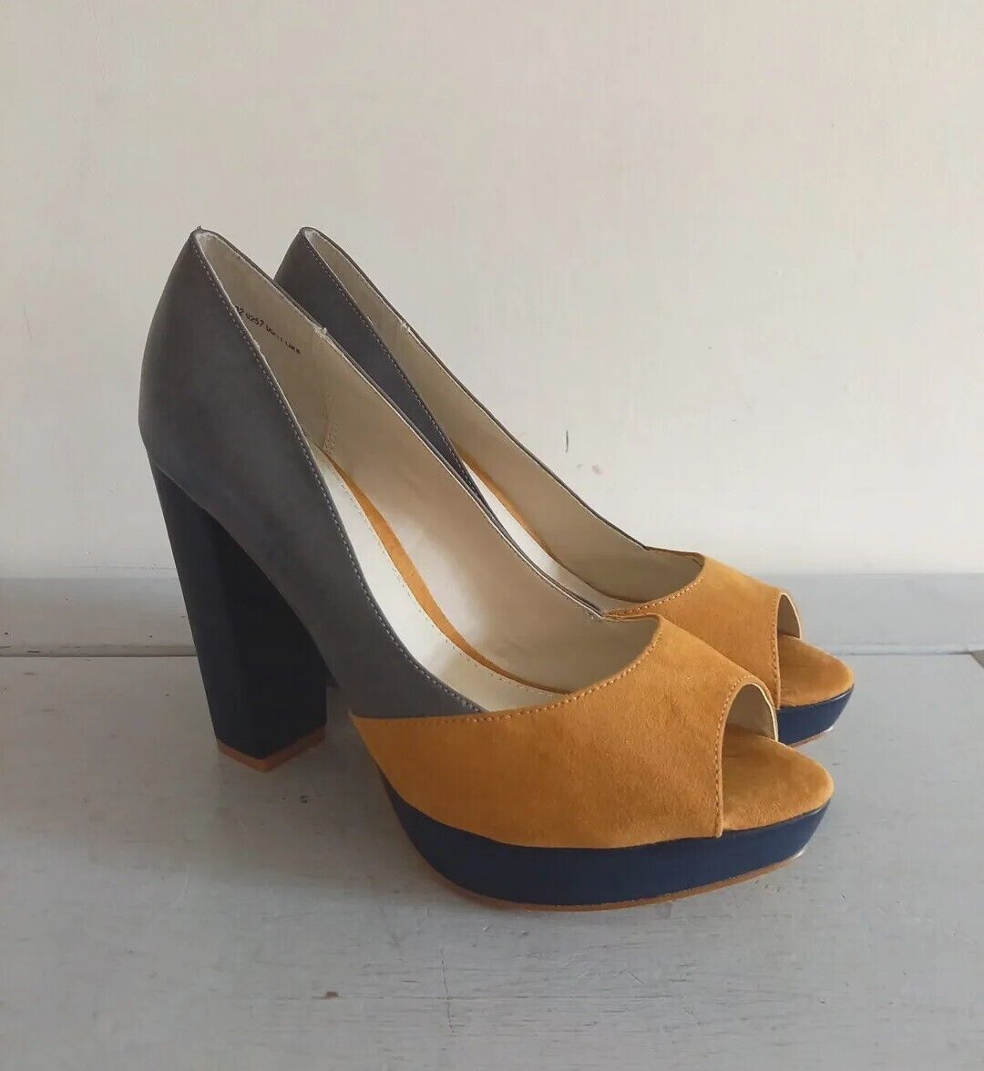 Barratts Nevada Peep Toe Court Shoes Grey Gold Navy Suede Block