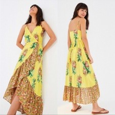FARM RIO ANTHROPOLOGIE Yellow Golden Pineapple Floral Ruffle Maxi Wrap Dress XS