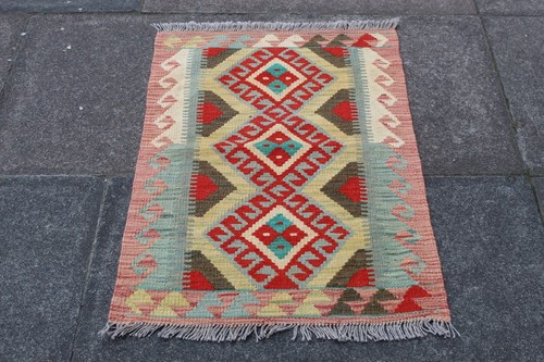Grand Kilim Vintage Fait Main En Laine, Motif Oriental Rouge Bleu Rose, 243x180cm
