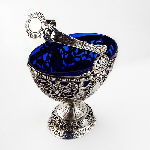 German Ornate Cutwork Sugar Basket Cobalt Liner 800 Silver 1860 - Picture 2 of 6