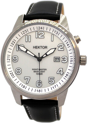 HEKTOR Ansitzuhr Herren Quarz Hintergrundlicht Lederband schwarz 43 mm 10 bar