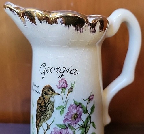 Vtg Georgia State Brown Thrasher Cherokee Rose Souvenir Pitcher USA Gold Trim - Picture 2 of 19