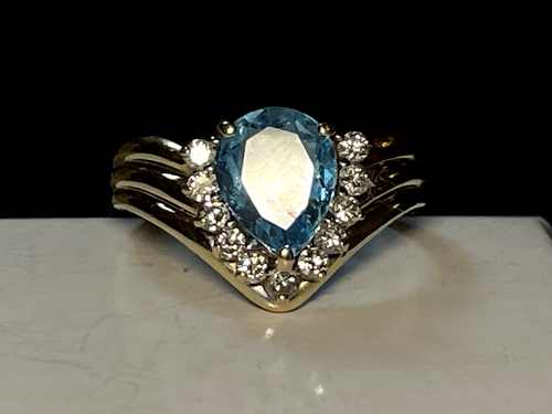 14K GOLD BLUE TOPAZ & DIAMOND RING NATURAL GEMSTONE SIGNED - Picture 2 of 16