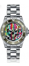Invicta Men's 40mm Pop Art Multi Color Skull Dial Quartz 200m Silver Tone Watch
