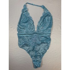 Victoria's Secret Blue Metallic Lace Rhinestone Zip Teddy Bodysuit L Large