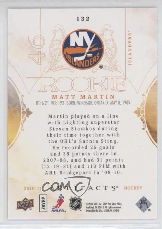 2010-11 Upper Deck Artifacts Rookie /999 Matt Martin #132 Rookie RC - Image 2 of 2