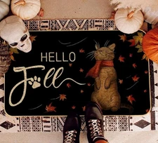 Hello Fall Cat Door Mat Indoor Outdoor 17x19 In, Rubber Backing