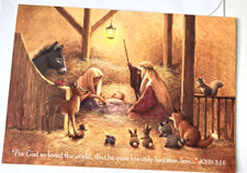 Tarjeta de Navidad para Dios So Loved the World Belén Burro Ciervo Zorro Ardilla Ratones