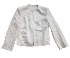Walter Ivory Boucle Fringe Cropped Jacket Collarless Size 8 Tweed Frayed Preppy