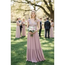 BHLDN DRESS 16 GOWN PINK WEDDING GUEST BRIDESMAID FORMAL EVENING SEQUIN TIERED