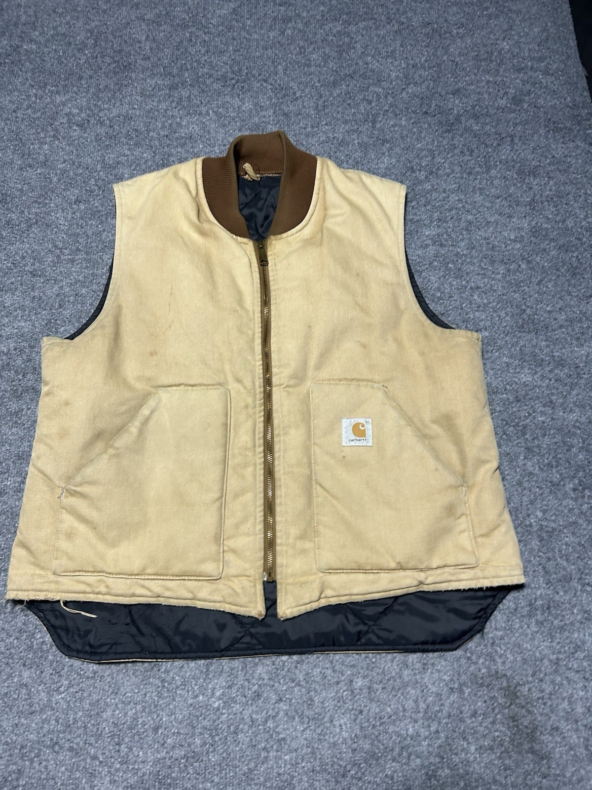 Vintage Carhartt Duck Vest Mens Large Tan Quilted Lined Full Zip Worn Grunge