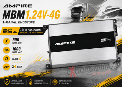 Ampire MBM1.24V-4G 1-Kanal 1000W Amplifier for Truck, Busse & Boats With 24 Volt