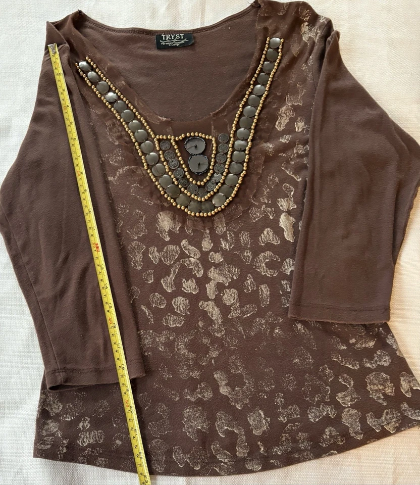 Top informal Tryst By Mathew para mujer marrón con cuentas cuello talla XL manga 3/4 Foto 4 de 4