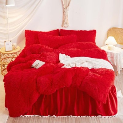 Plush Red Comforter Cover Queen Set, Soft Shaggy Faux Fur Red Bedding Queen S...