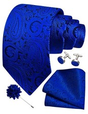 3.15"  8cm  Mens Tie and Lapel Pin Paisley Necktie Hankerchief Royal Blue