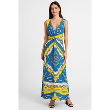 HALE BOB Womens Long Maxi Dress Racerback Silk V-neck Colorful vacation Sz M