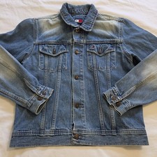 Vintage Tommy Hilfiger Blue Denim Trucker Jacket Flag Logo Size Large Y2K