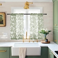 Cafe Curtains 24 Inch Length Faux Linen Leaf Pattern Sheer Boho Curtains for