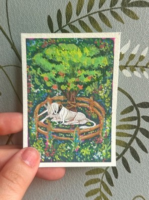 Original ACEO white unicorn horse fantasy painting 2.5 in x 3.5 in by ASV
