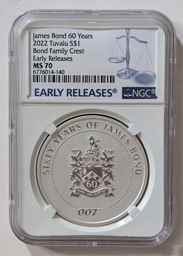 2022 TUVALU SILVER 1OZ JAMES BOND FAMILY CREST ER COIN NGC MS70 SKU 6776014-140