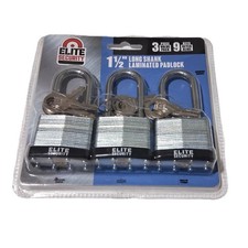 Elite Security 3-Pack 1-1/2" Long Shank Laminated Padlocks Keyed Alike 9