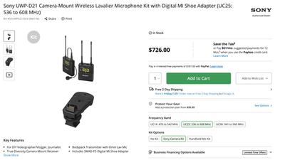 Sony UWP-D21 Camera-Mount Wireless Lavalier Microphone Kit with