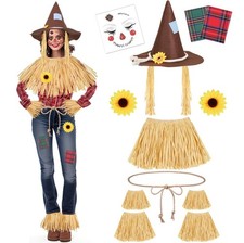MOVINPE 12 Pieces Scarecrow Costume Kit for Adult Kids, Raffia Scarecrow