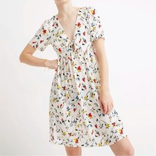 Madewell Tie Front Mini Dress Drifting Flowers Tossed Floral Antique Cream Sz 12