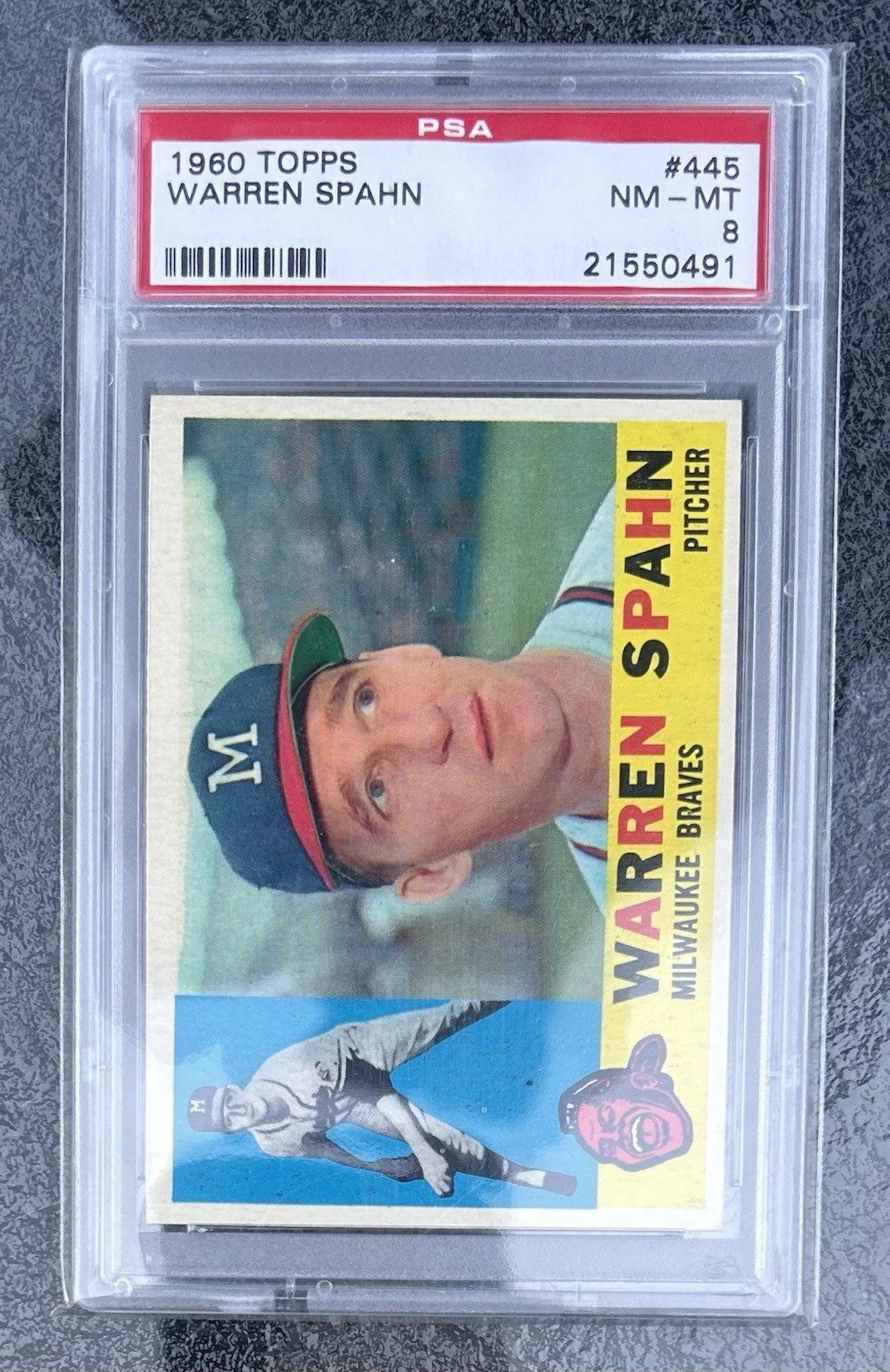 1960 Topps #445 Warren Spahn Milwaukee Braves PSA 8