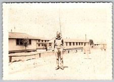 Vtg B W Snapshot Soldier Man Standing In WW2 Military Uniform Army Barracks