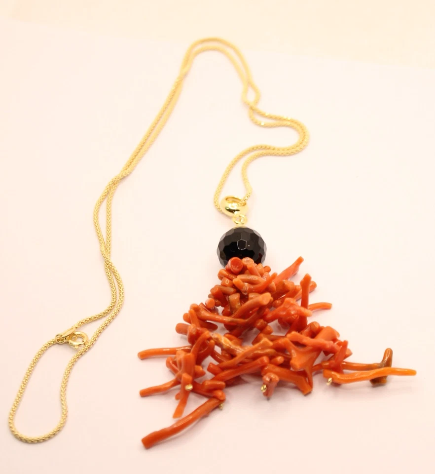 CIONDOLO RAMI CORALLO ROSSO NATURALE ONICE NERA SFACCETTATA COLLANA ARGENTO - Immagine 4 di 4