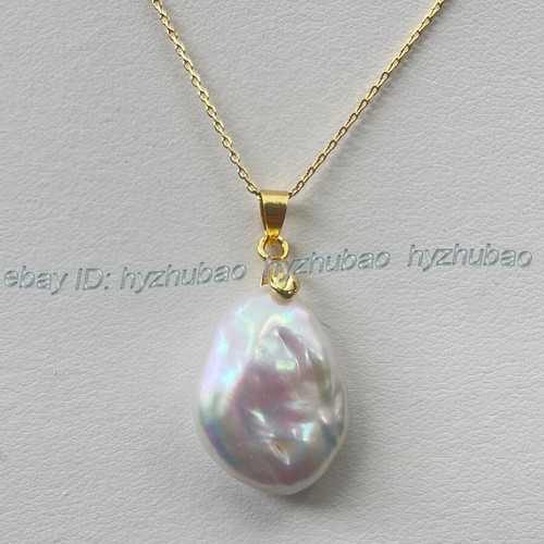Natural South Sea White Flat Baroque Keshi Pearl Pendant Gold Chain Necklace AAA - Picture 29 of 30