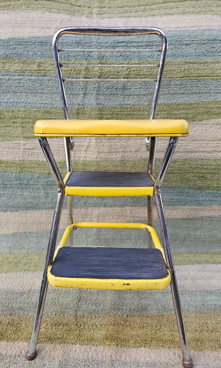COSCO Vintage Stylaire Yellow Metal Fold Out Step Stool Chair