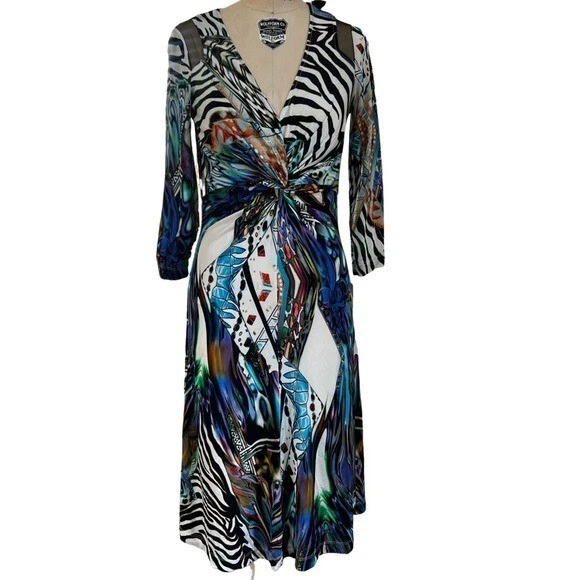 Vestido midi TERI JON RICKIE FREEMAN manga larga cuello en V retorcido estampado mixto talla 6 Foto 2 de 4