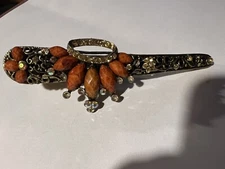 VINTAGE Brown RHINESTONE LUCITE JEWELED METAL HORN DUCKBILL HAIR CLIP STICK