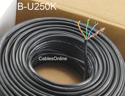 250ft Cat5e 350MHz UTP 24AWG solid pure copper, Riser Rated CMR Cable, Black