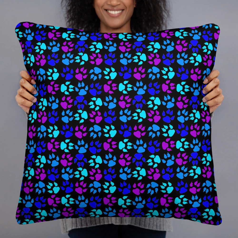 Blues and Purple Paw Print Throw Pillow