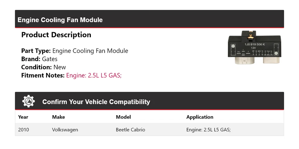 For 2010 Volkswagen Beetle Cabrio 2.5L L5 GAS Engine Cooling Fan Module Gates - Image 2 of 4