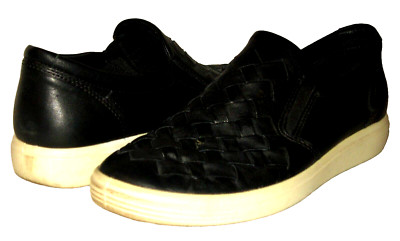 Women's ECCO Soft Woven Black Leather Comfort Slip-On Loafers Shoes 8/39
