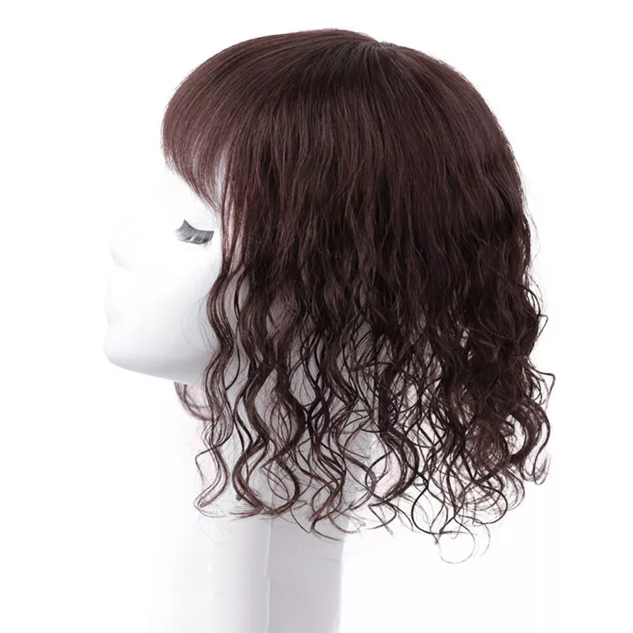 Peluca toupee ondulada rizada con flequillo plano cabello humano real Foto 3 de 4