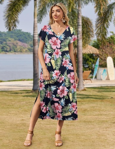 Summer Floral V-Neck Maxi Dress Short Sleeve Casual Beach Dress with Pockets - Picture 14 of 109