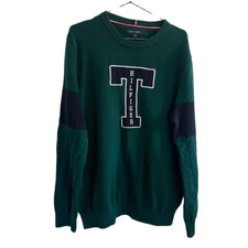 Tommy Hilfiger Green Classic Polo Preppy Rugby Striped Crew Neck Knit Sweater L