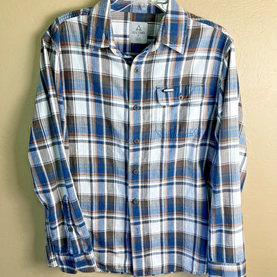 Camisa de manga larga de franela de algodón a cuadros azul marrón blanco talla mediana ASCEND para hombre Foto 2 de 4