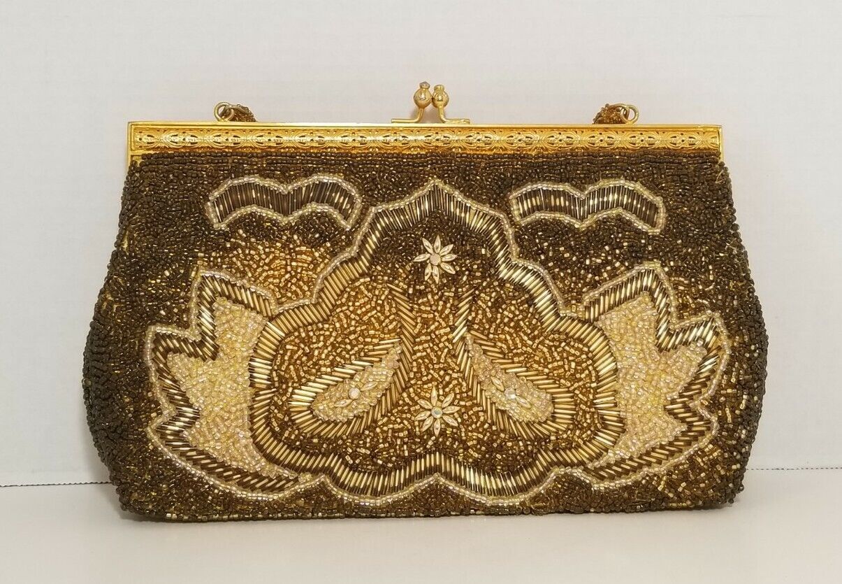 Vintage Beaded Handbag Evening Bag Gold Iridescen… - image 1