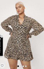 Nasty Gal Plus Size Leopard Print Tie Neck Skater Dress Brown UK 16 RRP £49 BNWT