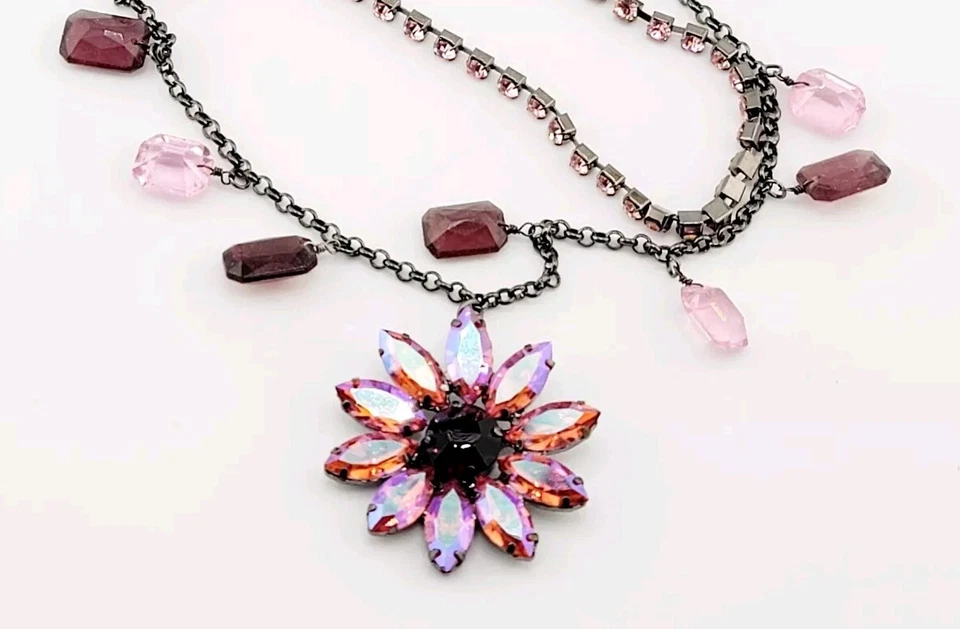 Collar Colgante Flor Lg Potenciador Rosa Estrás 2 Soportes Cadena Joyería 