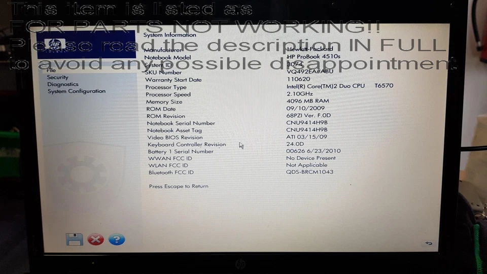 READ DESCRIPTION! HP probook 4510s 15.6" Laptop Intel Core 2 Duo T6570 - Image 2 of 4