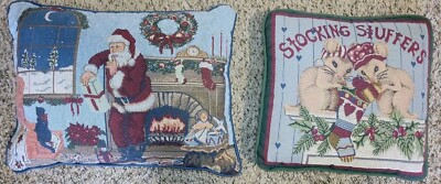 2 VTG Tapestry Throw Pillows Santas Visit & Stocking Stuffers Granny Core...