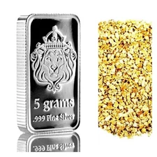 5 GRAM .999 SILVER SCOTTSDALE MINT BAR BU + 10 PIECE ALASKAN PURE GOLD NUGGETS